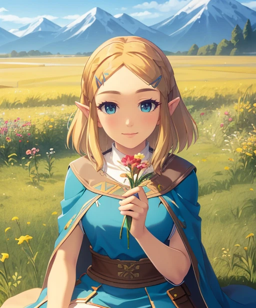 portrait, (adult woman), sitting, picking flowers, (1girl, solo), smile, (blonde hair), ((field, rolling hills)), (distant mountains), ((best quality, high detail)), ((masterpiece)), <lora:zelda_shorthair_v5:0.4> zelda\(princess\), hairclip, cape, <lora:1_k-ko_15e:1>