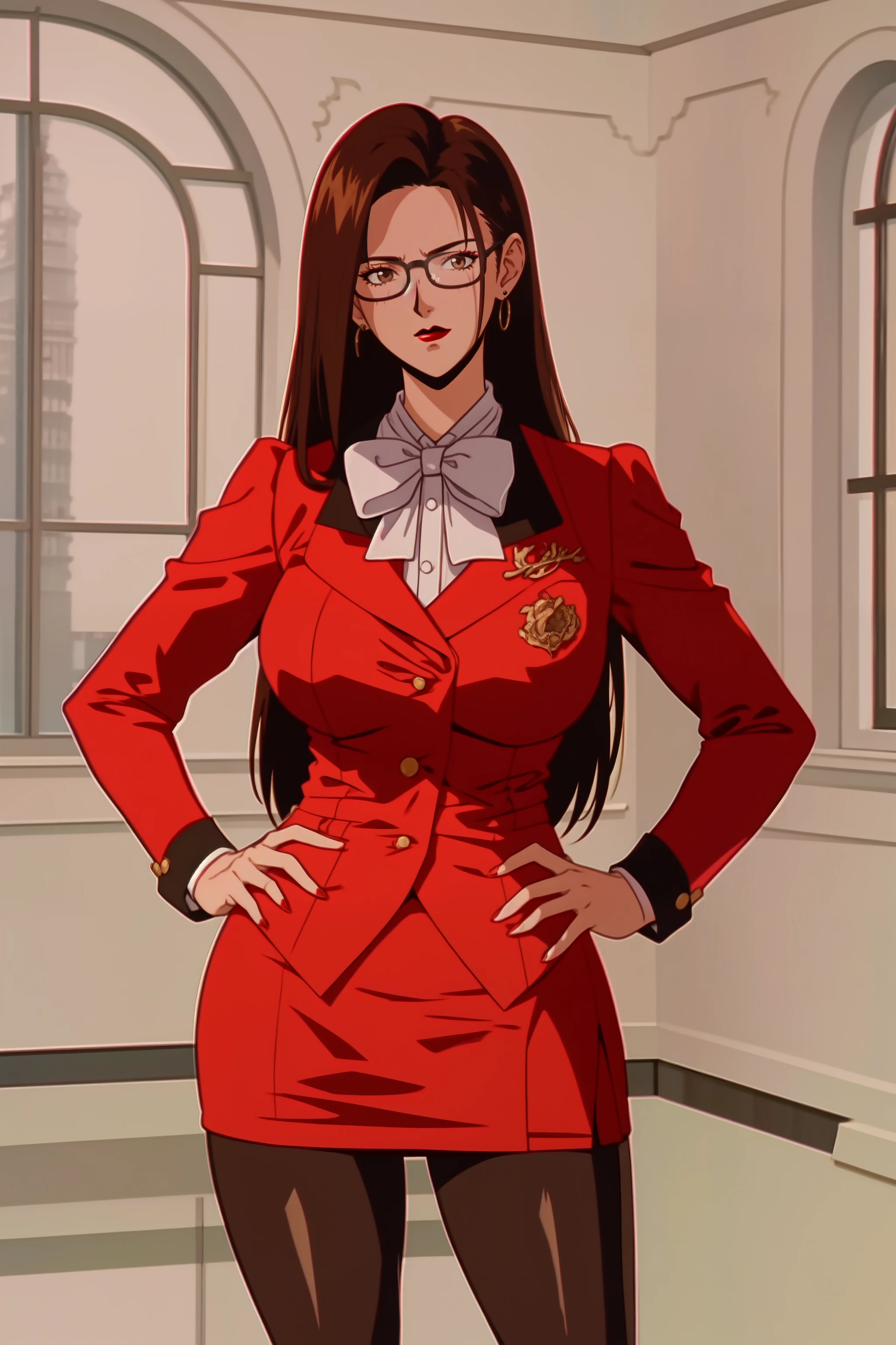 highres, high quality, intricate details, cinematic lighting, shiny, retro artstyle,
MaiKannazuki, 1girl, mature female, solo, standing, hands on own hips,
(looking at viewer:1.1), closed mouth, determined,
brown hair, long hair, (single sidelock:1.2), brown eyes, earrings, red lips, glasses,
red blazer, bowtie, puffy long sleeves, red miniskirt, grey pantyhose,
large breasts,
indoors, luxury room, window, mansion, wall,
<lora:MaiKannazuki:1>