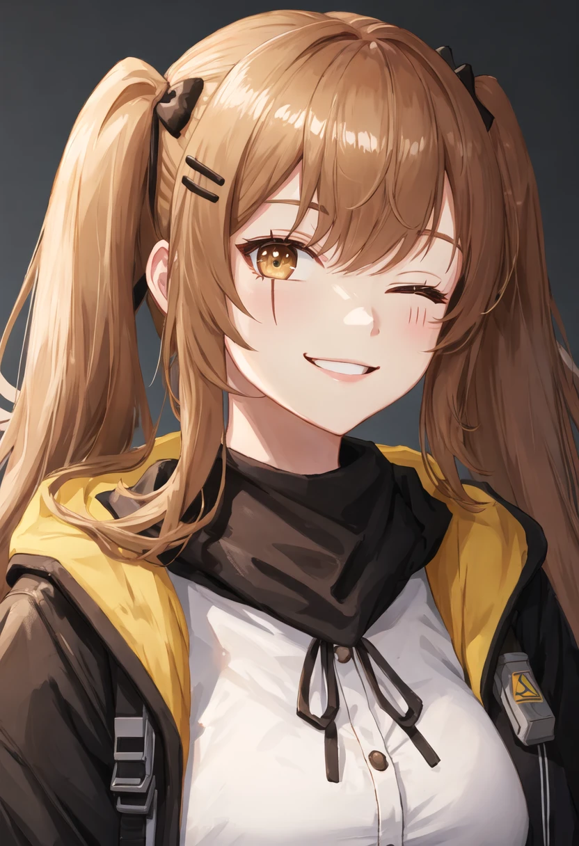 best quality, masterpiece, highres, solo, {ump9_girlsfrontline:0.90}, smile, happy, one_eye_closed, portrait, looking at viewer