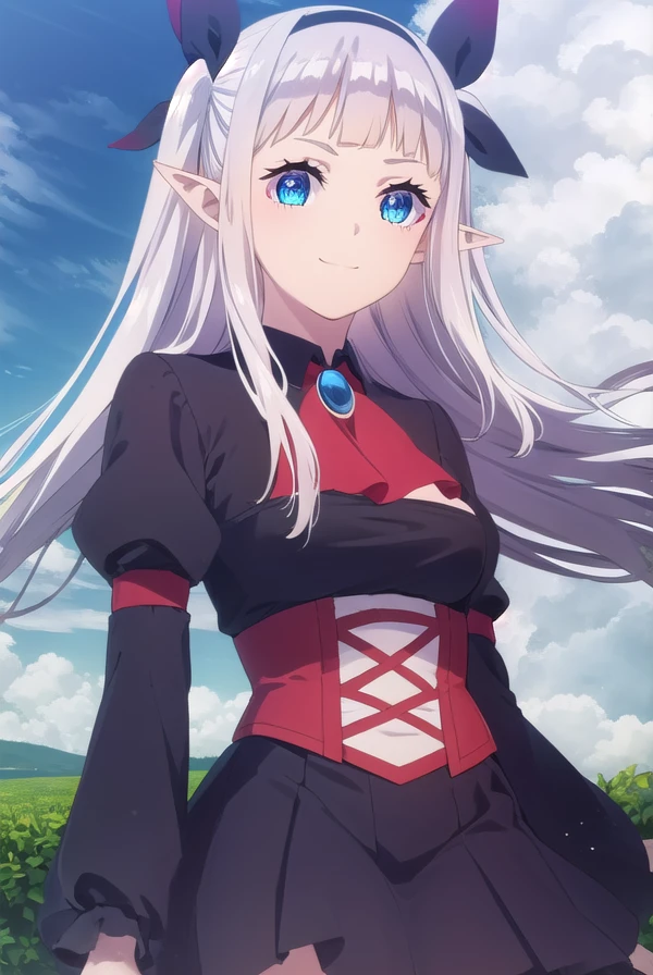 rurushiru, <lora:rurushi ru s1-lora-nochekaiser:1>,
rurushi ru, long hair, blue eyes, hairband, pointy ears, two side up, white hair, smile,
BREAK dress, puffy sleeves, black dress, ascot, brooch, skirt, long sleeves, pantyhose, pleated skirt, puffy sleeves, black skirt, black hairband, red pantyhose,
BREAK outdoors, farm, crops, plants, trees, grass, sun, sky, clouds,
BREAK looking at viewer, (cowboy shot:1.5)
BREAK <lyco:GoodHands-beta2:1>, (masterpiece:1.2), best quality, high resolution, unity 8k wallpaper, (illustration:0.8), (beautiful detailed eyes:1.6), extremely detailed face, perfect lighting, extremely detailed CG, (perfect hands, perfect anatomy),