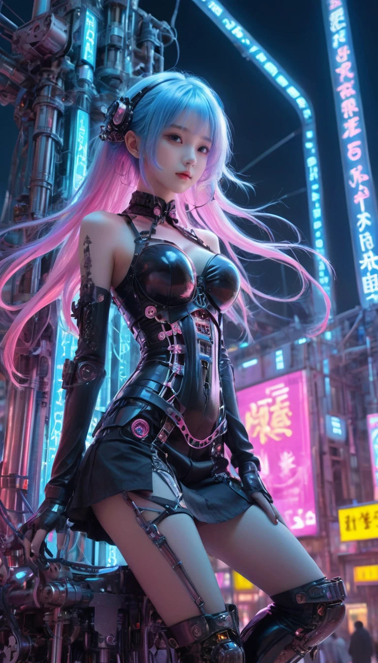 (1girl:1.4),full body,([pink|blue] hair),extreme detailed,(fractal art:1.3),colorful,highest detailed,((Mechanical modification)),(modification),Maiden,Half-sitting,A complex mechanical conduit is inserted into the back,catheter,neon background,neon city,night,gothic_lolita,high heels,