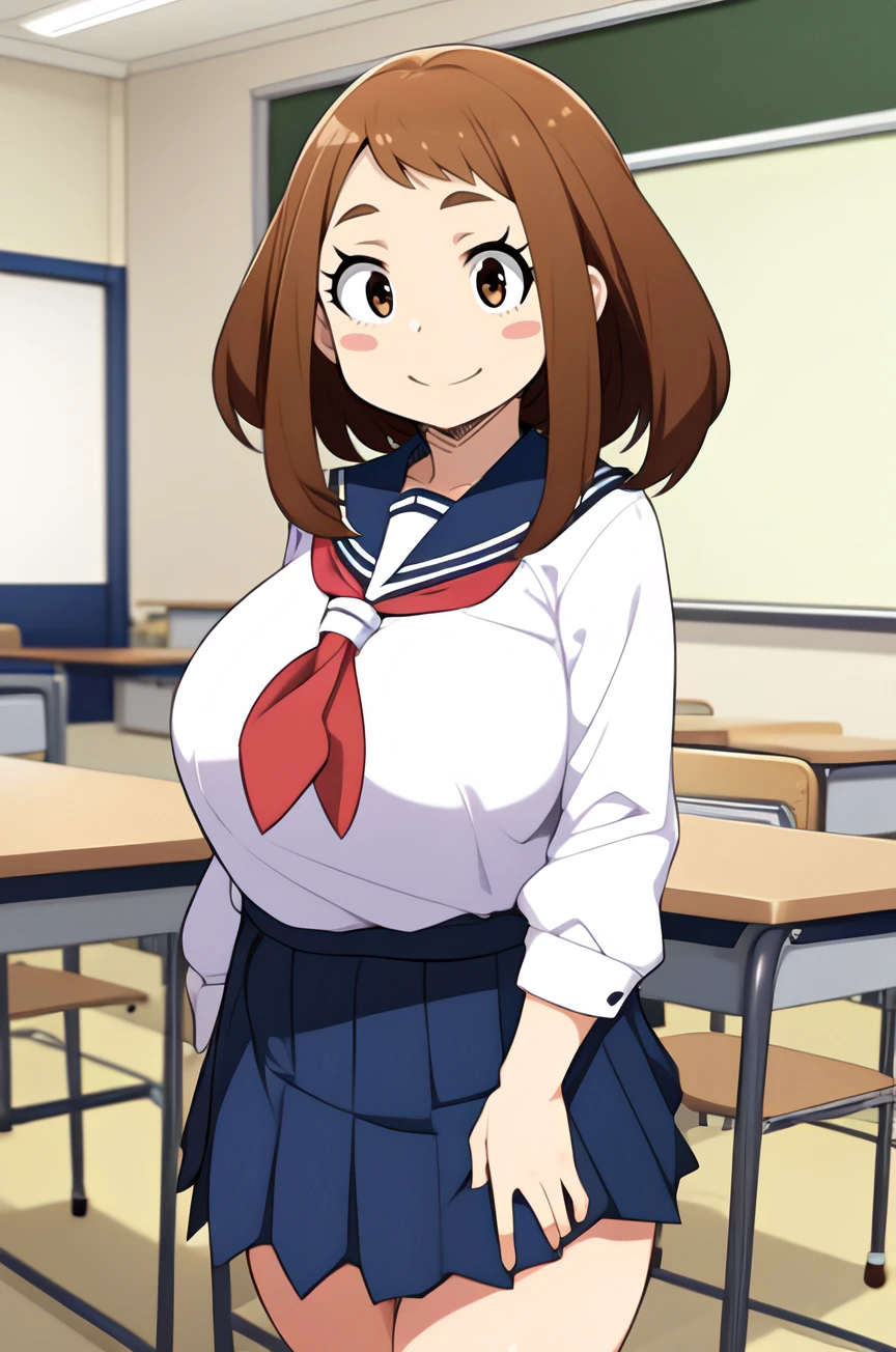 YukkeStyle, 1girl, smile, japanese classroom interior, Ochako, blush stickers, sidelocks, brown hair, short hair, huge breasts, plump, school uniform