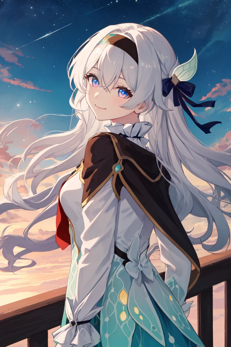 best quality, masterpiece, highres, <lora:fireflysd15:1>ï¼firefly \(honkai: star rail\), 1girl, solo, long hair, smile, blue eyes, closed mouth, looking at viewer, outdoors, bangs, long sleeves, hair ornament, hairband, hair between eyes, cloudy sky, red cape, blue sky, star \(sky\), night sky, white hair, upper body, white shirt, railing