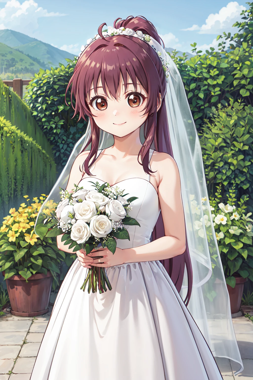 masterpiece,best quality,highres,ultra-detailed,sugiura ayano,brown eyes,long hair,ahoge,ponytail,bangs,<lora:sugiura_ayano:0.8>,wedding dress,white dress,(veil:1.2),garden,smile,outdoors,standing,cowboy shot,holding bouquet,