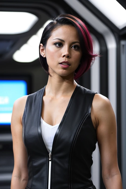 r0mm13-001, ([red|black|purple] bob hair:1.4), slender build, wearing a red leather sleeveless vest, looking at the viewer. on a sci fi spaceship, tv screen in the background. (closeup:1.3). fcHeatPortrait