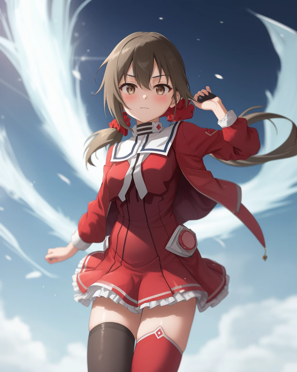 <lora:minowa_gin-10:0.8>1girl, solo,brown hair,brown eyes,low ponytail, bodysuit, red jacket,magical girl,red scrunchie,red dress, red thighhighs,Magic Girl,