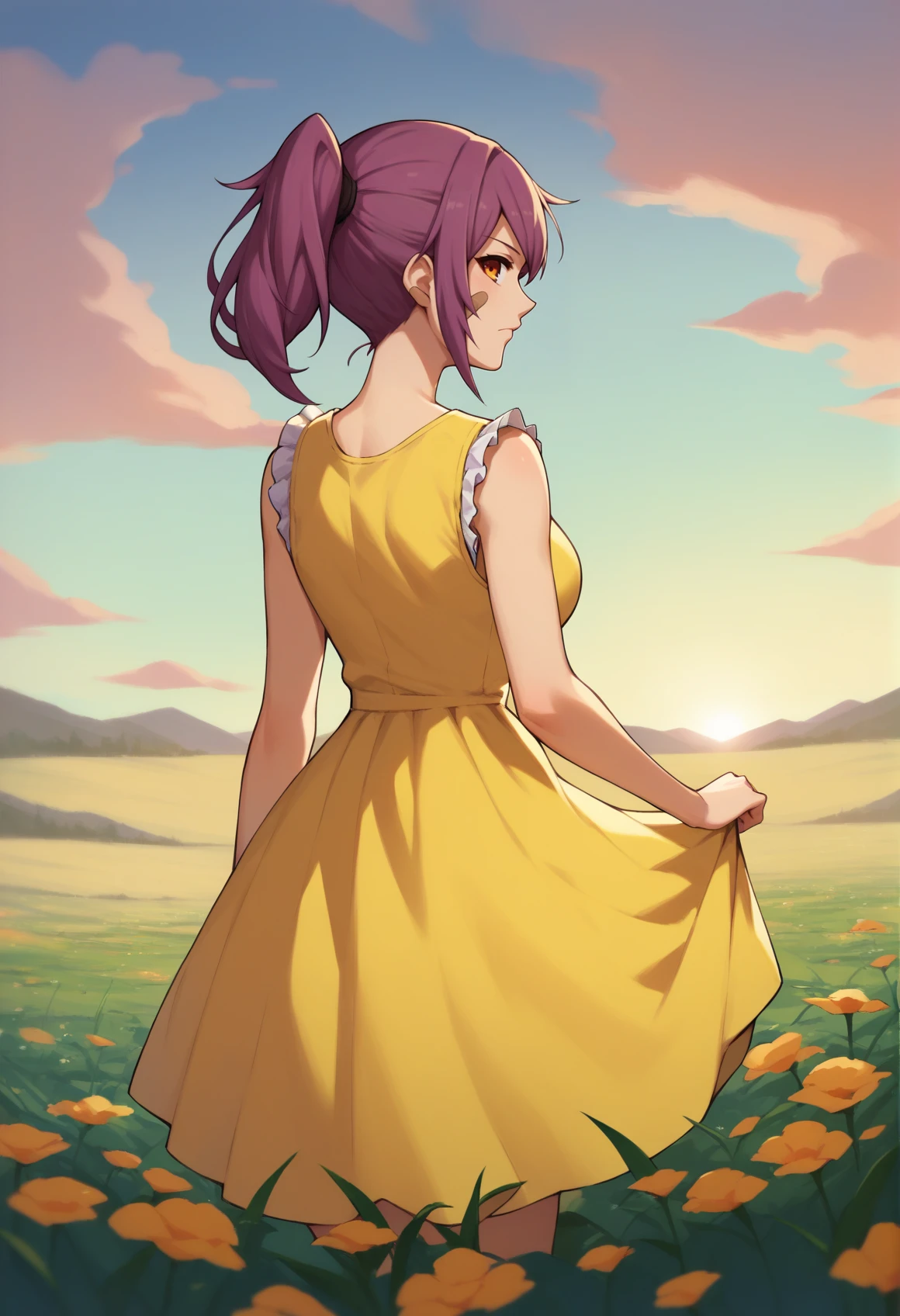 score_9, score_8_up, score_7_up, source_anime, 1girl, solo, LeahAirisubaka, bandaid on cheek, short hair, ponytail, medium breasts, <lora:LeahAirisubakaPDXL_V1-Manityro-adamw:1>, outdoors, flower field, sunset, looking at viewer, yellow dress, from behind, sundress, frills,