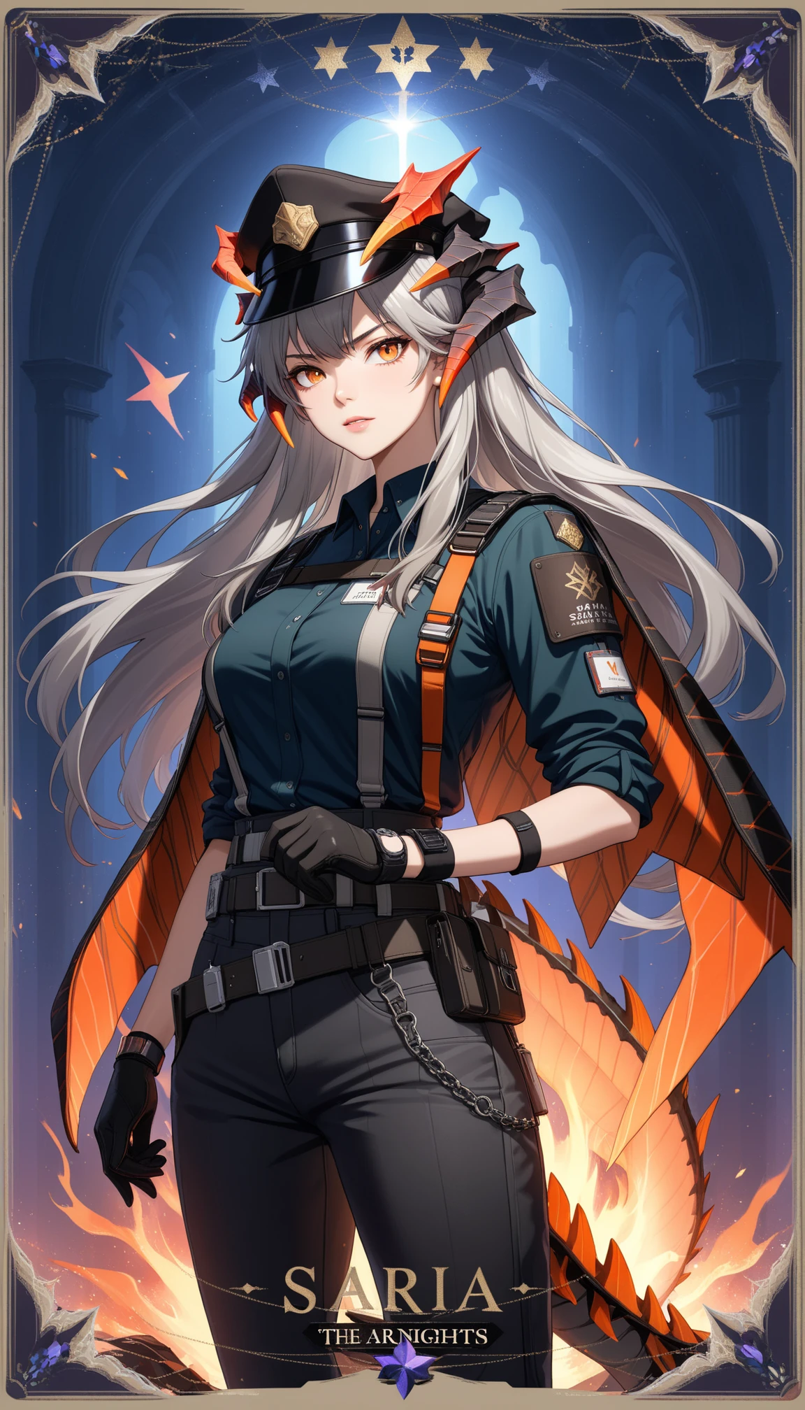 ((tarot), star (symbol), character name), 

("Saria"), ((saria arknights, saria the law arknights)), 
1girl, alternate horns, black gloves, black headwear, black pants, black shirt, black wristband, collared shirt, cowboy shot, dragon girl, dragon horns, dragon tail, gloves, grey hair, hands up, hat, horns, long hair, looking at viewer, official alternate costume, orange eyes, pants, shirt, sidelocks, solo, tail, very long hair, [[dragon from fire]]


(masterpiece, best quality), dim light, cinematic shot, absurdres, HD, 8k, beautiful, detailed, sharp, cinematic lighting, highest quality, ((perfect face, very deep eyes)), vibrant colors



