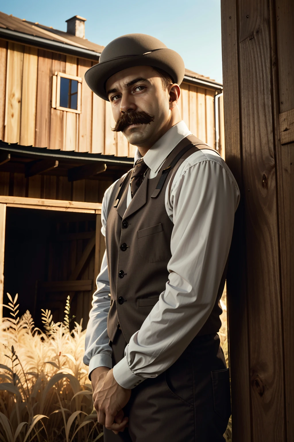 ((ultra detailed, masterpiece, absurdres))
<lora:DIMHHHolmes:0.9>
DIMHHHolmes, 1boy, brown hair, brown eyes, short hair, mustache, Rustic Barn in a Field