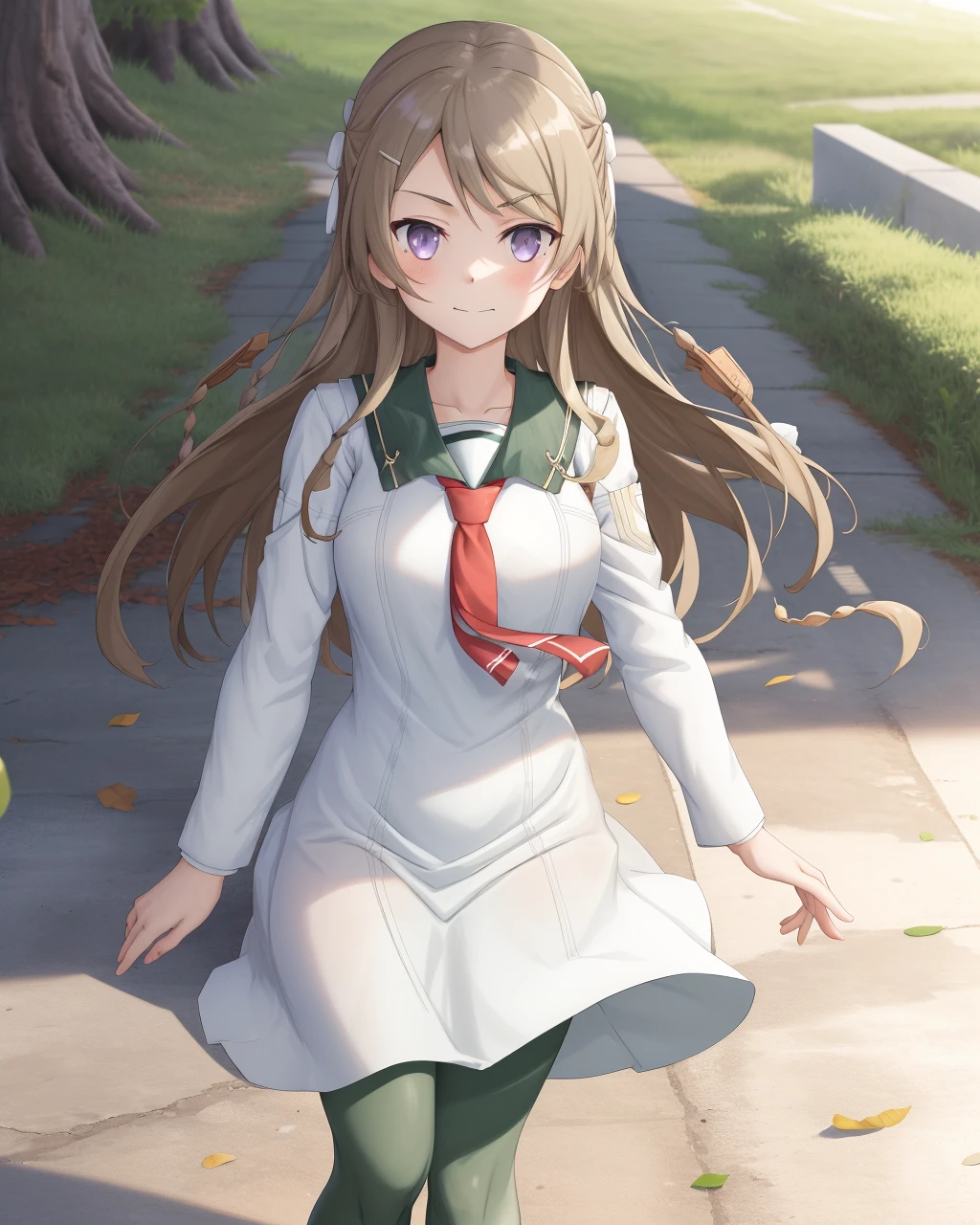 <lora:Miroku_Yumiko-10:0.8>,1girl, solo,purple eyes, green pantyhose, long hair, twin braids,braid, sailor dress, school uniform,brown hair, necktie, white dress, hair ornament,
