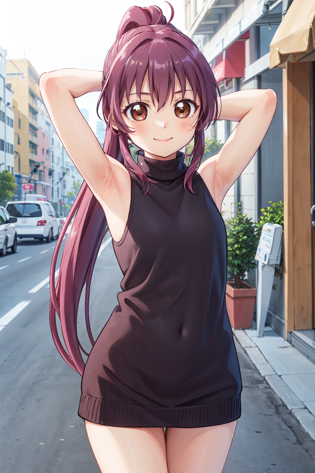 masterpiece,best quality,highres,ultra-detailed,sugiura ayano,brown eyes,long hair,ahoge,ponytail,bangs,<lora:sugiura_ayano:0.8>,sweater,turtleneck,street,smile,standing,(sleeveless:1.2),arm_behind_head,arms_up,cowboy shot,no pants,