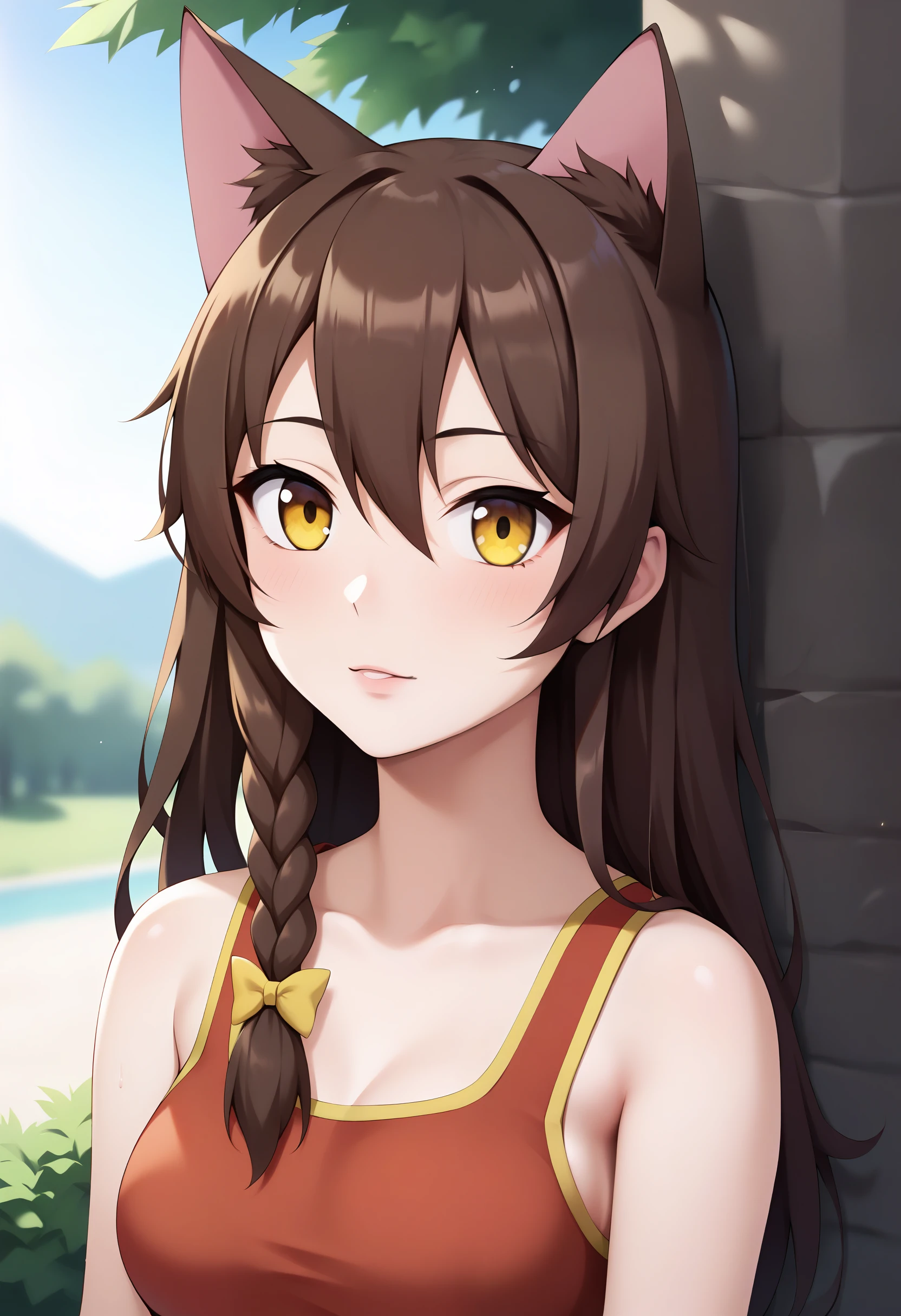 score_9, UVAO, 1girl, solo, looking at viewer, upper body, cat_ears, hair_between_eyes, bow, single braid, long_hair, yellow_eyes, red dress, outdoors, medium breasts <lora:UVAO-XL-pony:0.8>
