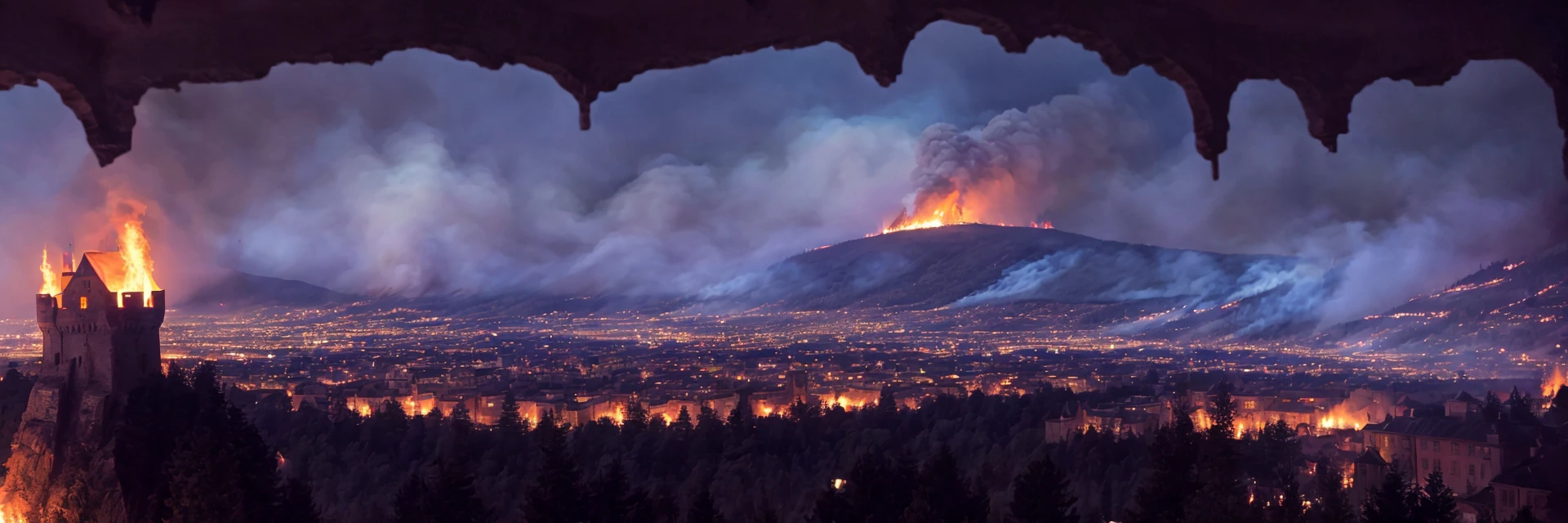 360 full panorama view, (horizon-centered:1), (POV shot),.Inside Castle tower, window, overlooking kingdom, fire in the distance.