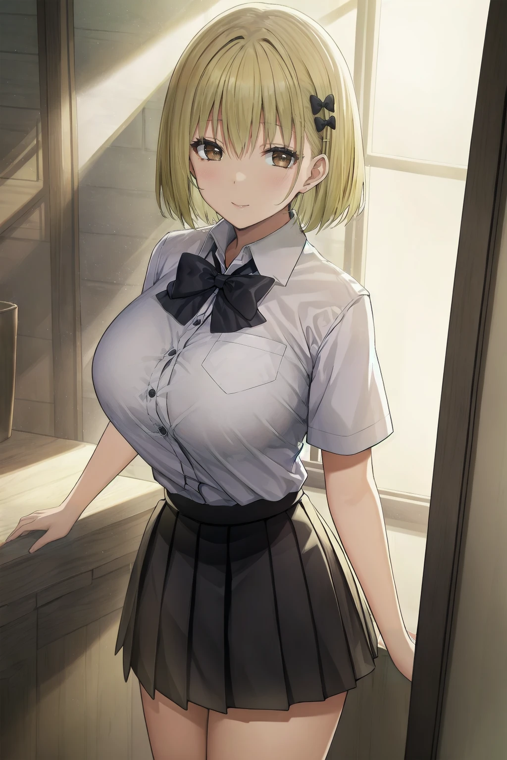 extremely detailed fine touch, natural light, sun light, light rays, dappled light, reflection, shadows, ray tracing, masterpiece, best quality, highly detailed,
<lora:himeko:0.6> himeko, 1girl, brown eyes, large breasts, short hair, blonde hair, with bangs in a bob cut, kogal, (school uniform with white collared shirt tucked in, black bow, black pleated skirt), looking at viewer,