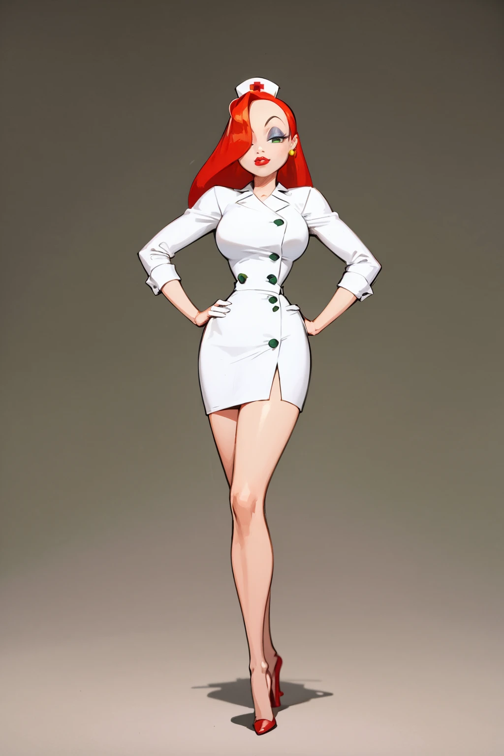 masterpiece, best quality,
1girl, jessicanurse, red hair, long hair, hair over one eye, green eyes, lipstick, makeup, nurse, nurse cap, miniskirt, high heels, earrings,
closed mouth, hands on hips, standing, full body, solo, looking at viewer, simple background, solid grey background <lora:JessicaRabbit:1>