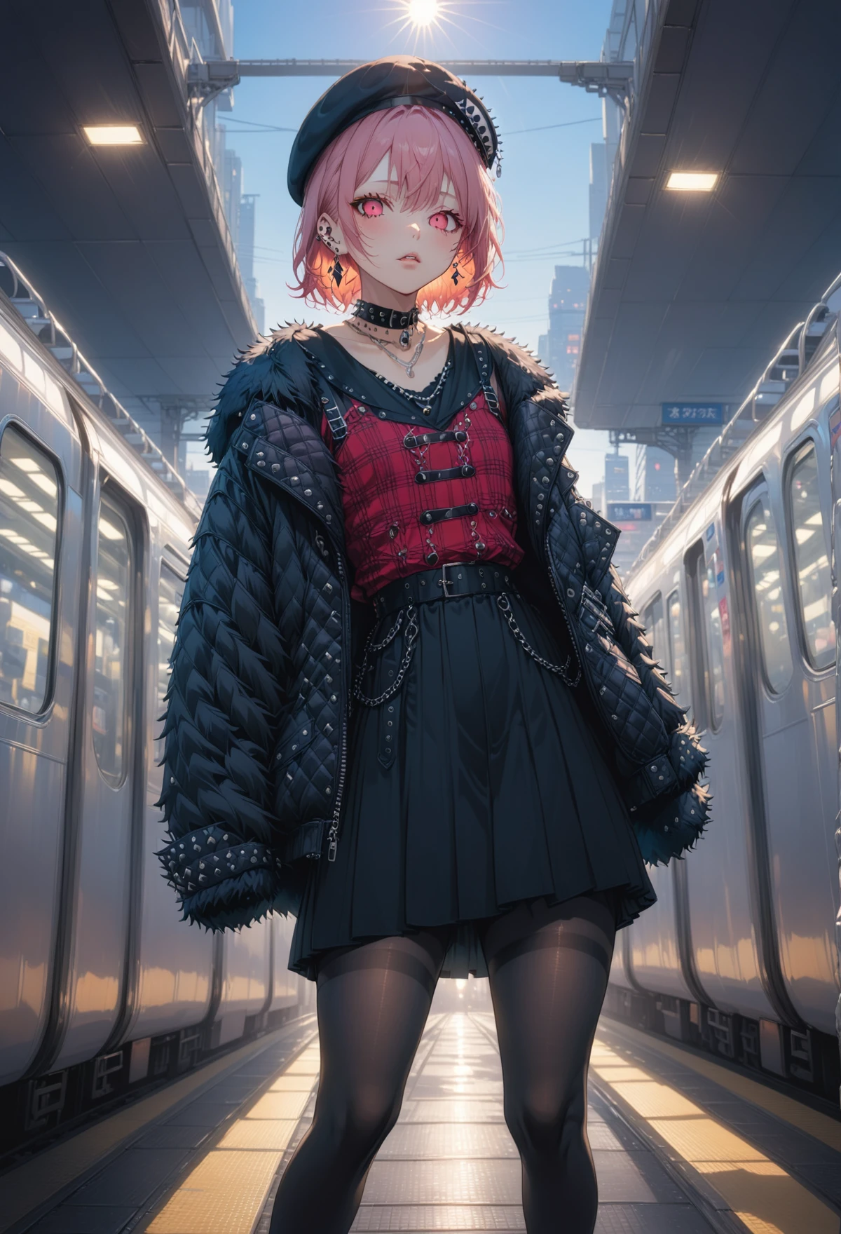 tokyo_street_fashion_xl, streetwear, 1girl, chic, punk, eyeliner, nosering, piercing, earrings, black choker, short pink hair, beret, red argyle dress, black pantyhose, feather jacket, fur trim, hat, jewelry, looking at viewer, makeup, plaid, skirt, half-closed eyes,
on an empty Shinjuku station platform, bokeh, depth of field, blacklighting, sunlight, solo focus,
very aesthetic, highres, 4k, 8k, intricate detail, cinematic lighting, amazing quality, amazing shading, detailed Illustration, official artwork, wallpaper, official art,
extremely detailed eyes and face, beautiful detailed eyes,
from below, full body, leaning, dynamic pose
<lora:aesthetic_anime_v1s:1>
<lora:tokyo_street_fashion_xl_1:1>