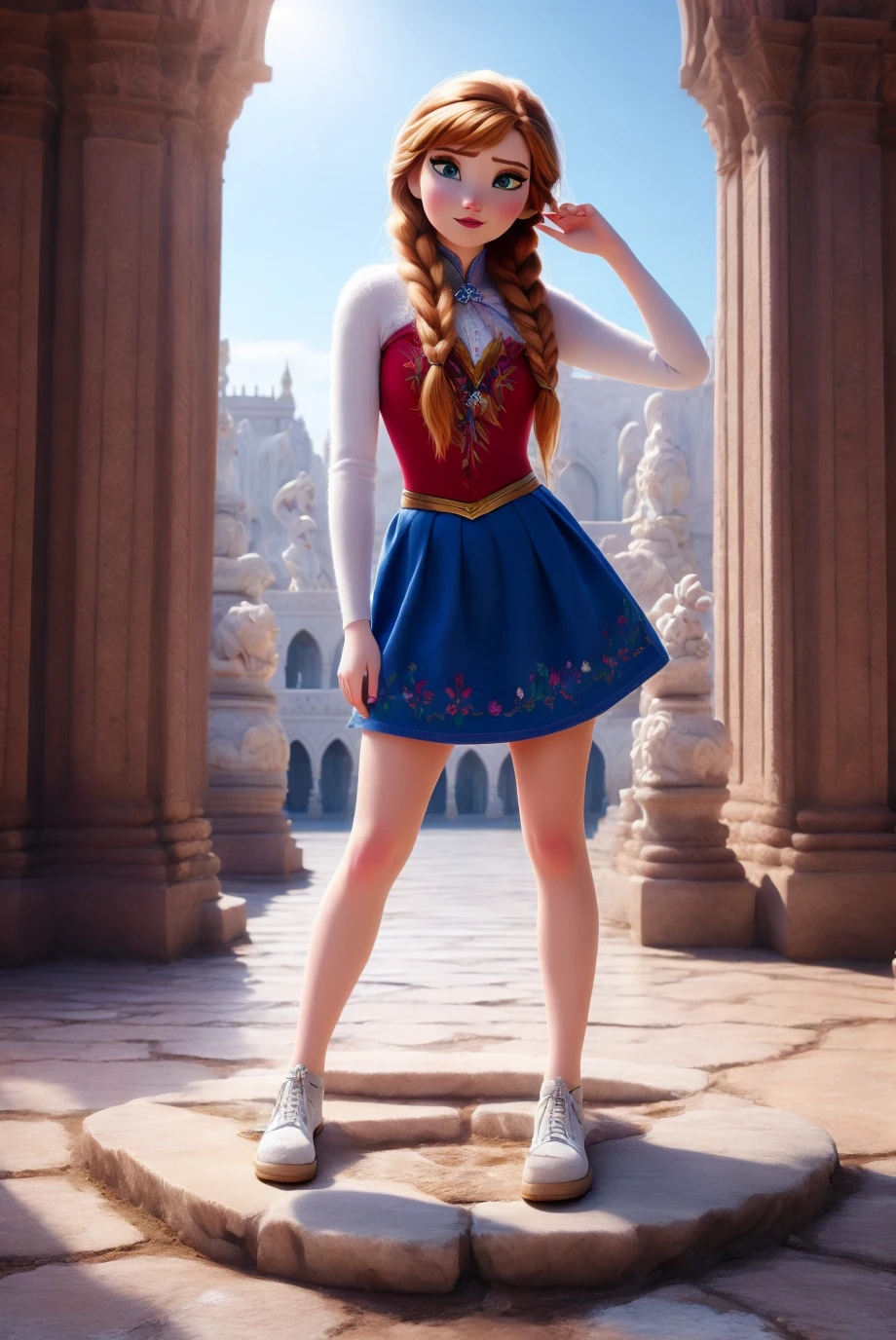 masterpiece, best quality, ,1girls,anna,<lora:Elsa_Anna_Dalle3_V1:1>,short skirt,standing,cool marble palace,spring