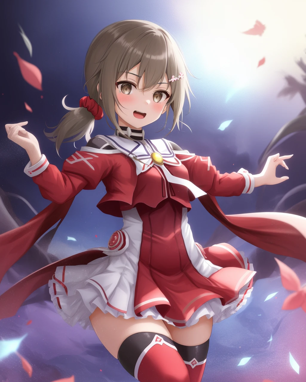 <lora:minowa_gin-10:0.8>1girl, solo,brown hair,brown eyes,low ponytail, bodysuit, red jacket,magical girl,red scrunchie,red dress, red thighhighs,Magic Girl,