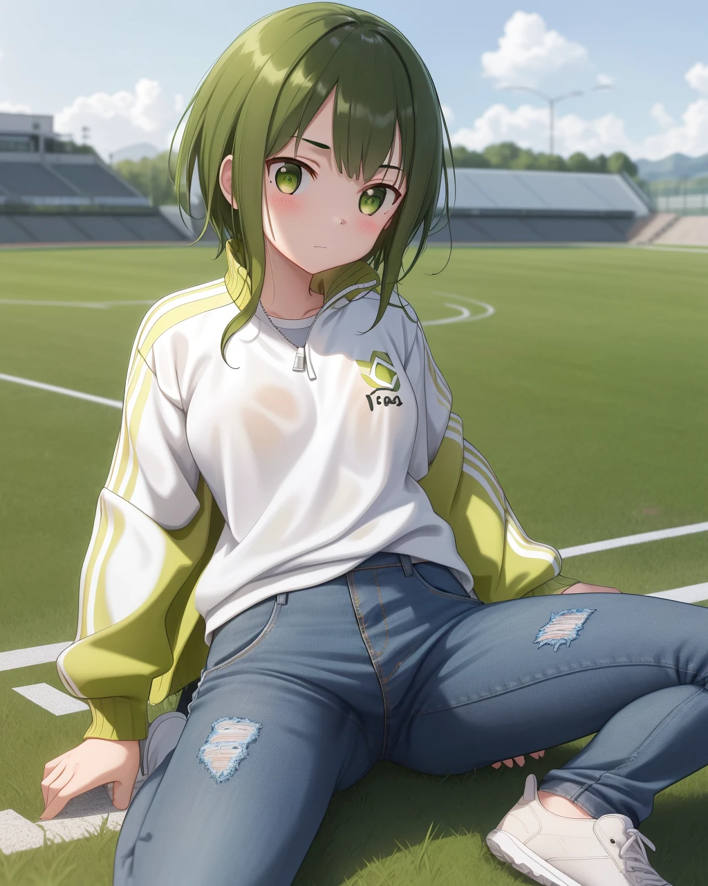 green hair,green eyes、very angry、tears、blush、(collar),(lead)、elementary school girl、((small breasts))、large bulging nipples、((big pink areola,))、(((squat, spread your legs)))、naked、(((10 years old)))、lolicon、 body shape、With a big head 、thin legs、low length、((shining outline))、(((masturbation)))、(((stadium full of spectators)))、blue sky、(((A large amount of white love juice drips from the pussy.)))、((Open mouth and white semen drips))、Puddles under the crotch、my pussy is licked by a man、(((There are many male spectators near her)))