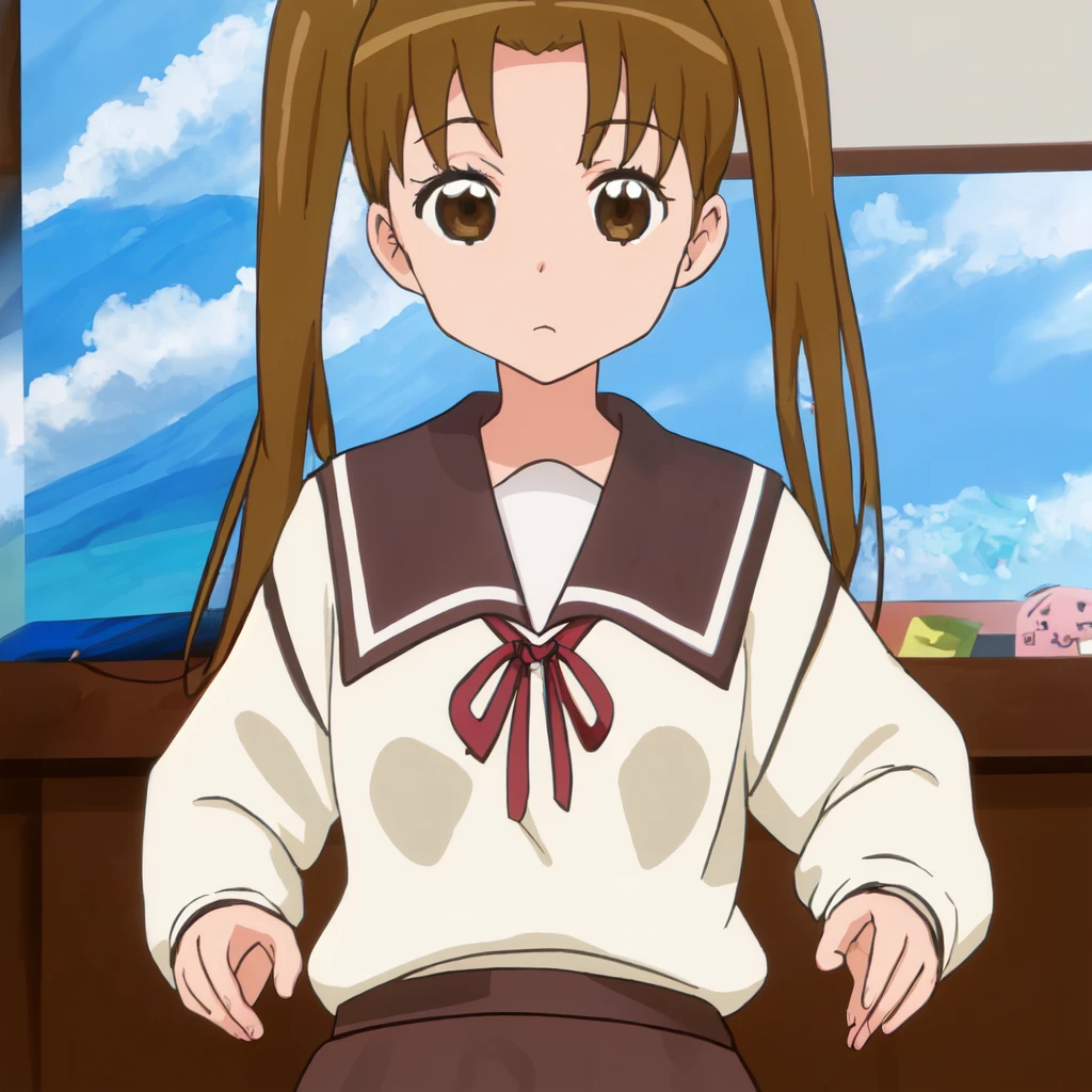 masterpiece,1girl, portrait, okazaki_norie, solo, brown skirt, brown, brown hair, serafuku, twintails, <lora:norie:1>