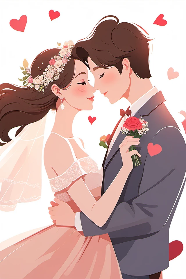 Valentine's Day,Flat painted style,1girl AND 1boy,hair ornament,flower,simple background,<lora:lbc_Valentine's Day_XL:0.6>,love,romantic,masterpiece,