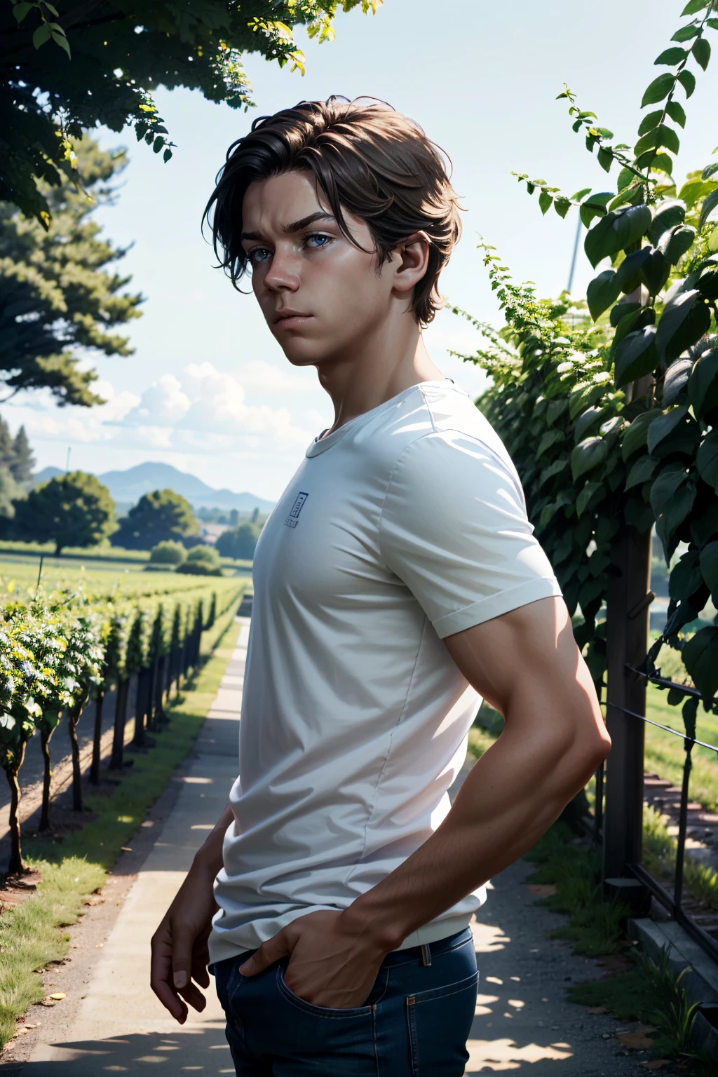 ((masterpiece)),((best quality)),8k, high detailed, ultra-detailed, Stylish Pose, real skin texture, dark cinematic lighting, 25 year-old Italian male model, barechested, shirtless, handsome italian, cute looking, divine look, powerful light green eyes, Bacchus god, god of wine, wine god, godly, white pale skin, roman god physic, (curly hair:1.5), short curly light brown hair, dry light brown hair, (short curly hair:1.7), blond messy hair, strong jawline, masculine, muscular, defined fit body, hairless chest, shirtless, pantless, sinister aesthetic, sea sunrise, arm bracelet, costline, epic sunrise, walking towards the camera, dark night, torches iluminating, (vineyard:1.6), grapes, rivers of wine, barelegged, barechest, barefoot, white antique linen spartan loincloth, white linen antique draped cloth skirt, white fabric, golden chain in roman skirt ,,,, dim light, cinematic lighting, Depth of field, award-winning photography, elegant, hyperrealistic, octane render, unreal, high definition, 8k resolution, highly detailed, 8k uhd, professional lighting, photon mapping, radiosity, physically-based rendering