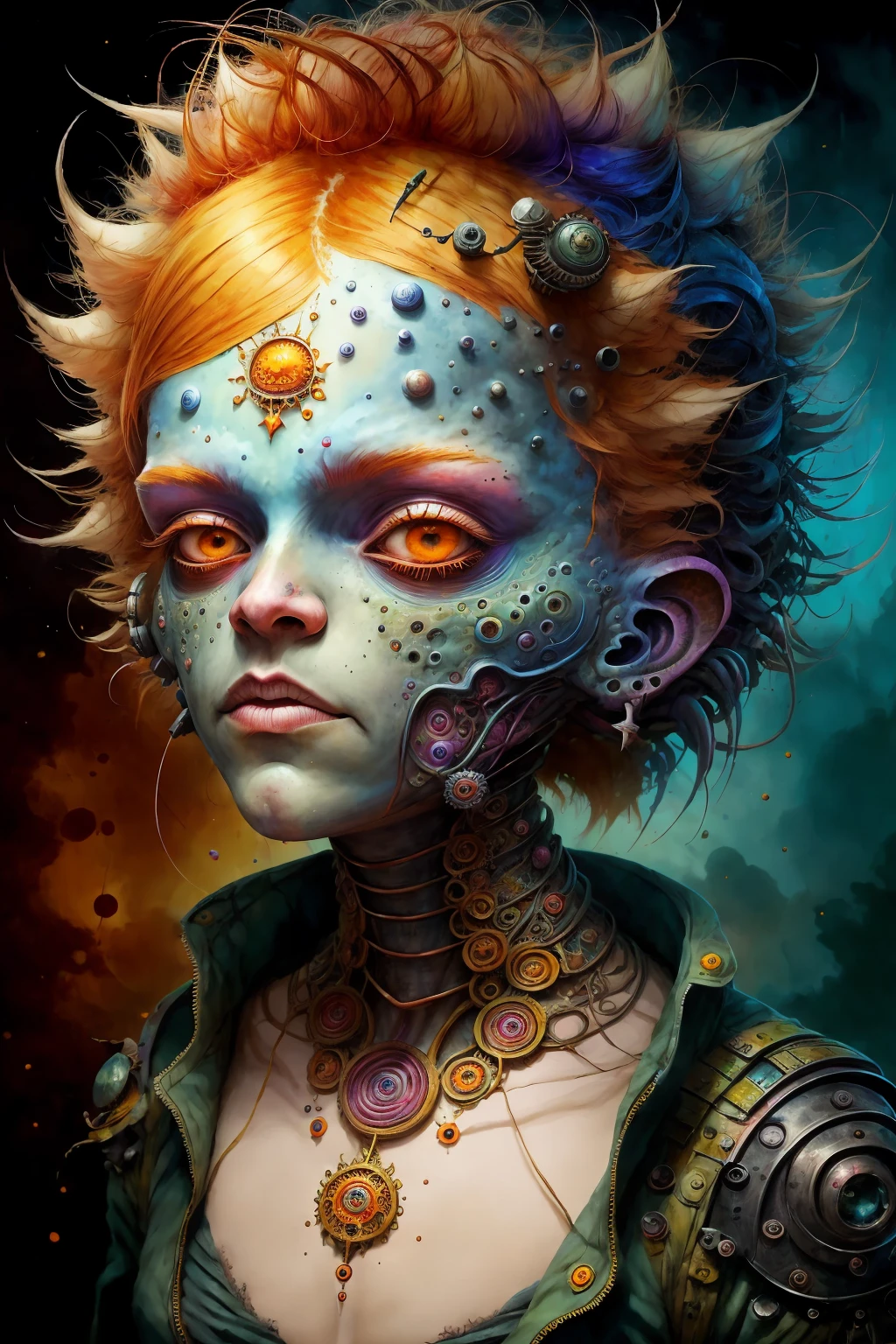 In the artistic style of Peter Mohrbacher, envision an otherworldly poster displaying a striking close up image of a woman with cropped hair, nestled within a fantastical landscape teeming with technology and vivid colors that flow and intertwine in unexpected ways to create a sense of awe, monsters00d <lora:monsters00d:0.8>