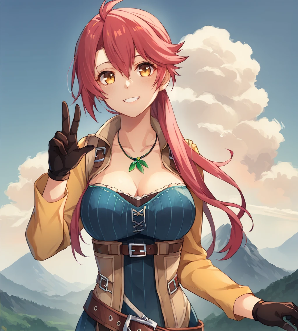 score_9, score_8_up, score_7_up, score_6_up, score_5_up, score_4_up, source_anime, rating_safe
BREAK,
<lora:TrailsOfColdSteel-ClassVII-000025:0.9>, Sara Valestein, red hair, yellow eyes, large breasts, necklace, blue dress, yellow sleeves, black gloves, belt, brown boots,
BREAK,
1girl, solo, happy, looking at viewer, upper body, portrait,
BREAK,
tsukiyo_\(skymint\)
BREAK,
1girl, outdoors, sky, clouds, distant mountains,