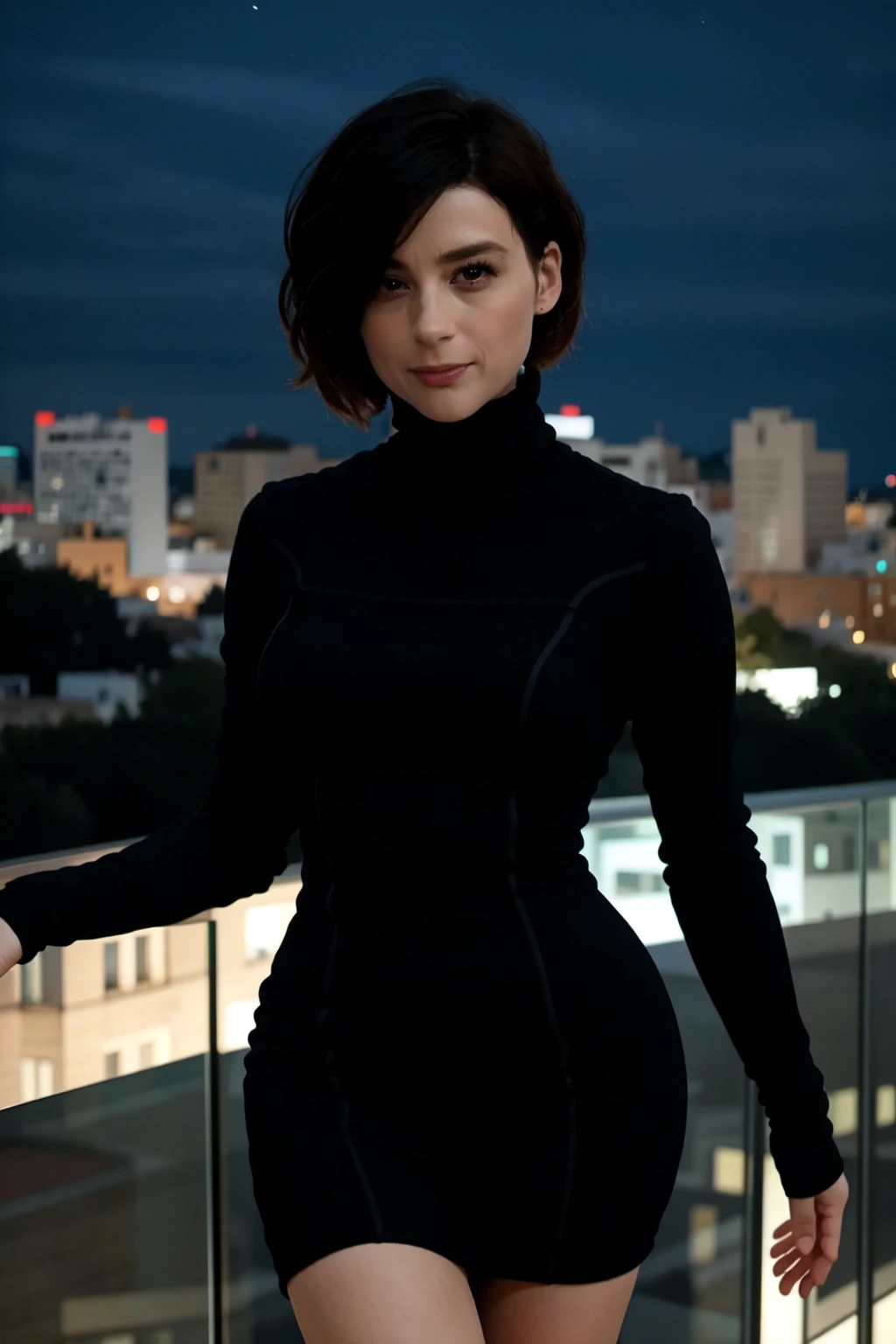 <lora:mondongo_LoRA_AyaCash:1> mndngwmn, asymmetrical cut haircut, (3/4 body), (8k, masterpiece),(high quality), wearing a turtleneck bodycon dress, on a balcony at night with city on background