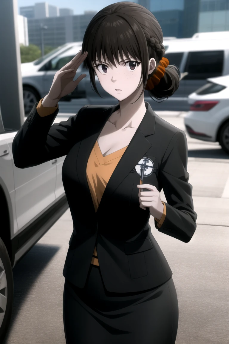 masterpiece, best quality, absurdres, Shimotsuki Mika <lora:Shimotsuki_Mika:0.9>, Scrunchie, braid, ponytail, medium breasts, suit, collarbone, white t-shirt, pencil skirt, pantyhose, nice hands, perfect hands, beaufitul hand, beautiful finger, BREAK cyberpunk, outdoors, crime scene, sharp focus, (perfect anatomy), cowboy shot, [Cinematic lighting|Volumetric Lighting], looking at viewer