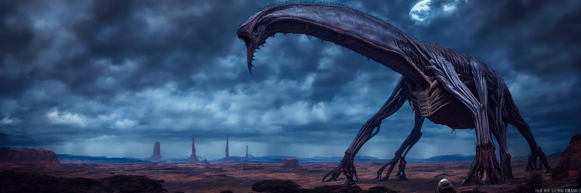360 full panorama view, (horizon-centered:1), (POV shot), towering alien monster, style by H.R.GIGER