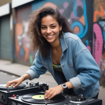 photo of a Brazilian female dj smiling having fun scratching vinyl records on a Technics turntables mixing 1980s hiphop style set in a 1980s london street with graffiti street art, blurred background,  perspective,  professional photography 1980s ID magazine shoot, facing forward