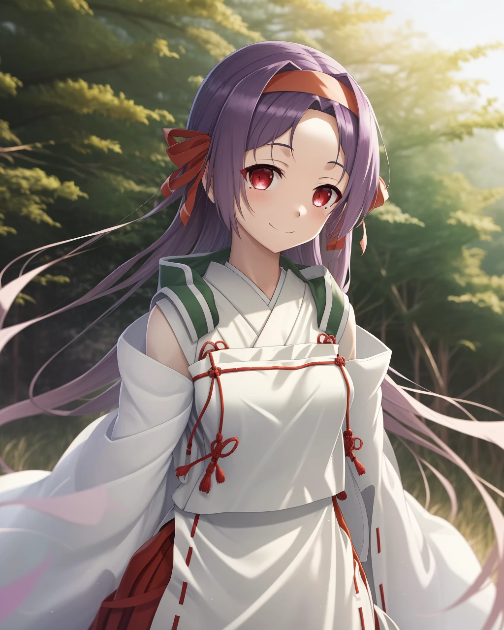 <lora:Uesato_Hinata-10:1>,Uesato_Hinata,1girl,solo,red eyes,smile,purple hair,hair ribbon, hairband,very long hair,red hakama, miko, hakama, white kimono,tabi,green stripes,
