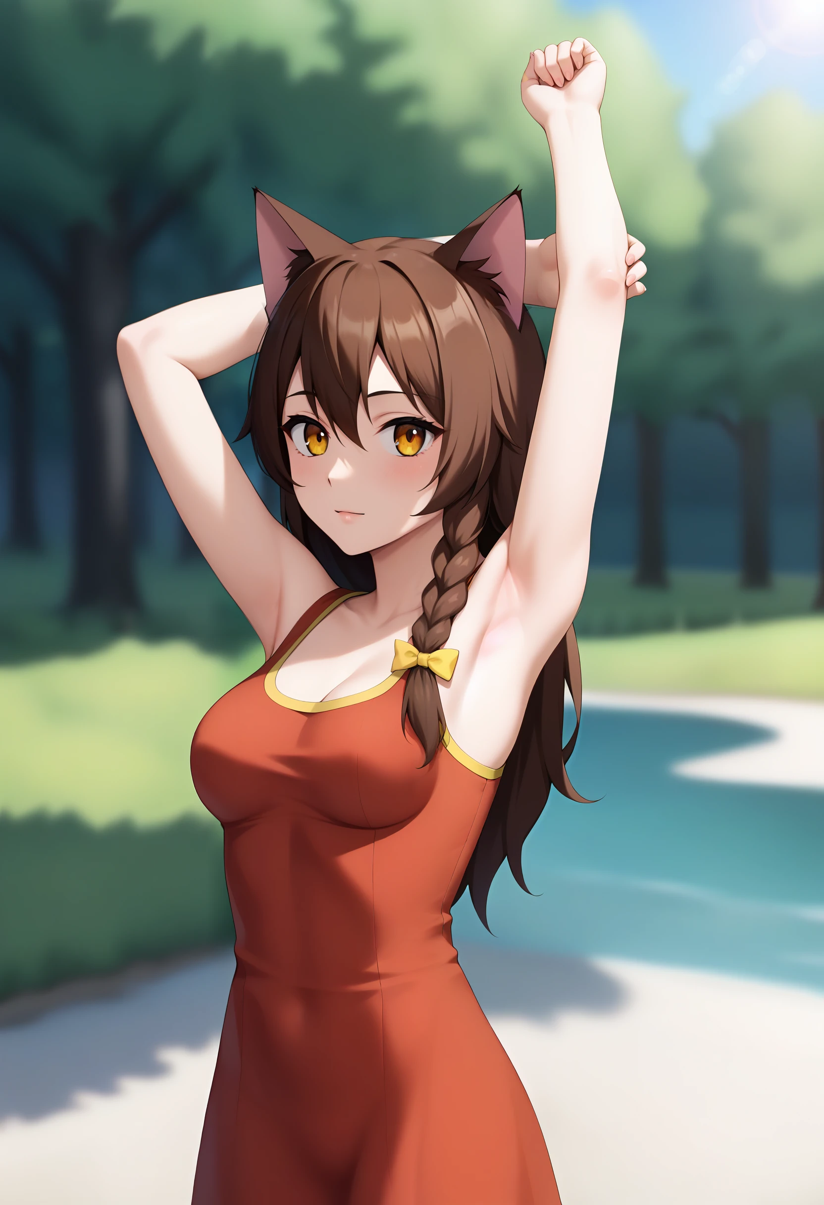 (Super detailed, high resolution, Kyoto animation style anime illustrations, highest quality official art featured: 1.6), beautiful face, eyes, highly detailed body, very detailed hair, nice hands, perfect hands, beautiful hands, (1 girl: 1.4), (Chibi: 0.8), (cute: 1.2), (cute: 1.2), (: 0.5), one girl, cat ears, (big, Looks large cleavage, brown hair, trimmed semi-long hair, long sleeves, looks good: 1.5), (girl running in the park, : 1.4), (dynamic angle, looking away, upper body, wet sports bra, large breasts, body focus: 1.2), (light smile, 17 yown hair, ponytailCat ears, aqua eyes, slender girls), (outside, walking), resting, running, sweating