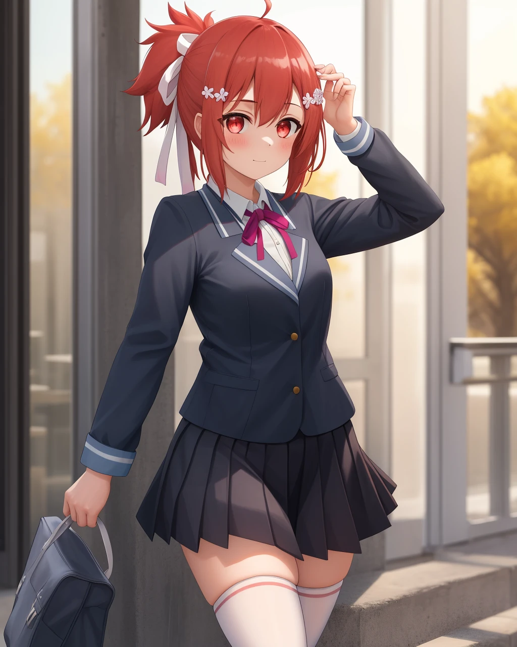 <lora:Takashima_Yuna-10:0.8>,1girl, solo,short hair, hair ornament, red eyes, school uniform, jacket, hair ribbon,red hair, hairclip, hair flower, black skirt, white thighhighs, blazer,