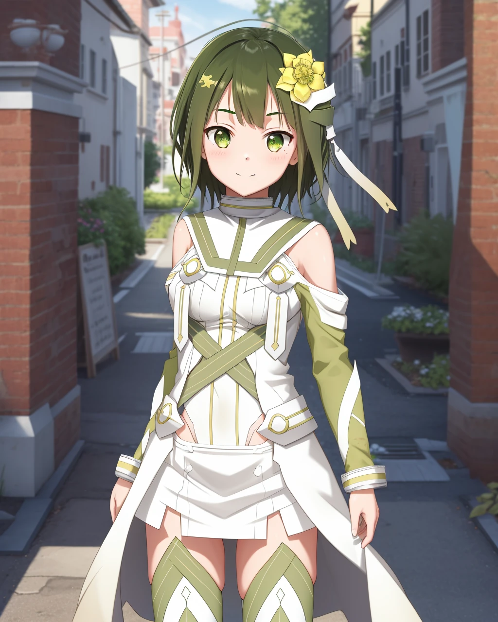 <lora:Shiratori_Utano-10:0.8>,1girl, solo, short hair,green hair, hair ornament, dress, green eyes, green hair, hair flower,thighhighs,