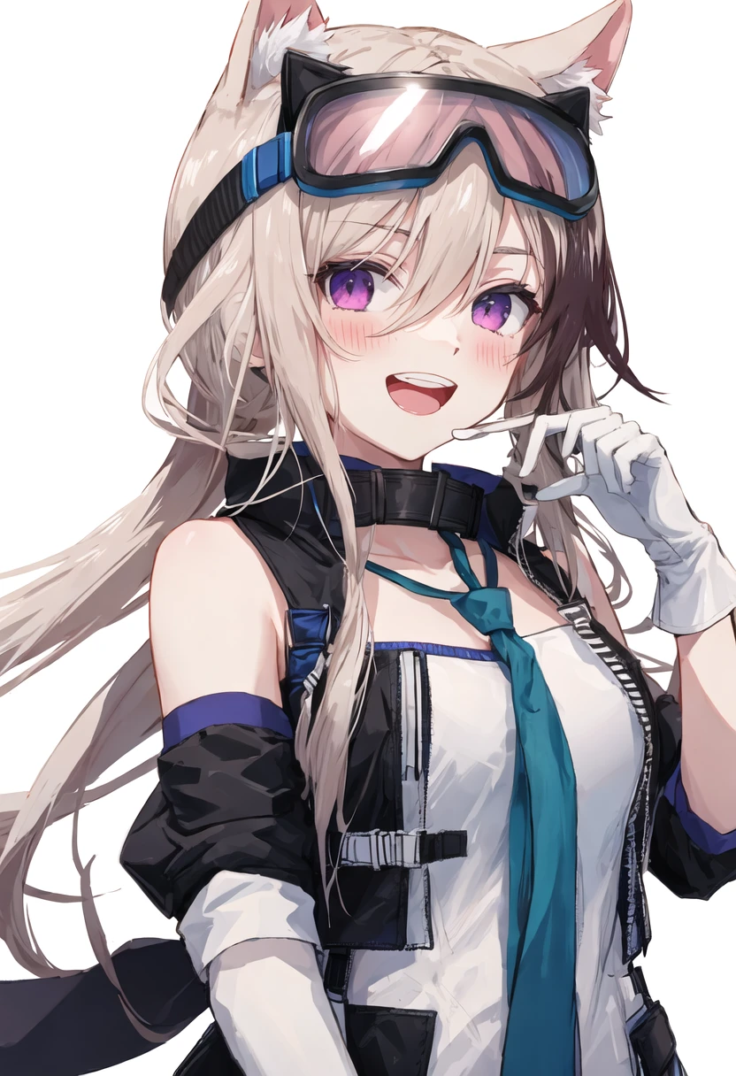 best quality, masterpiece, highres, solo, {cardigan_arknights:0.90}, 1girl, blue_necktie, looking_at_viewer, open_mouth, simple_background, upper_body, white_shirt, goggles, :d, bare_shoulders, detached_sleeves, upper_teeth_only, white_gloves, black_jacket, vest, white_background, blush, collar, hand_up