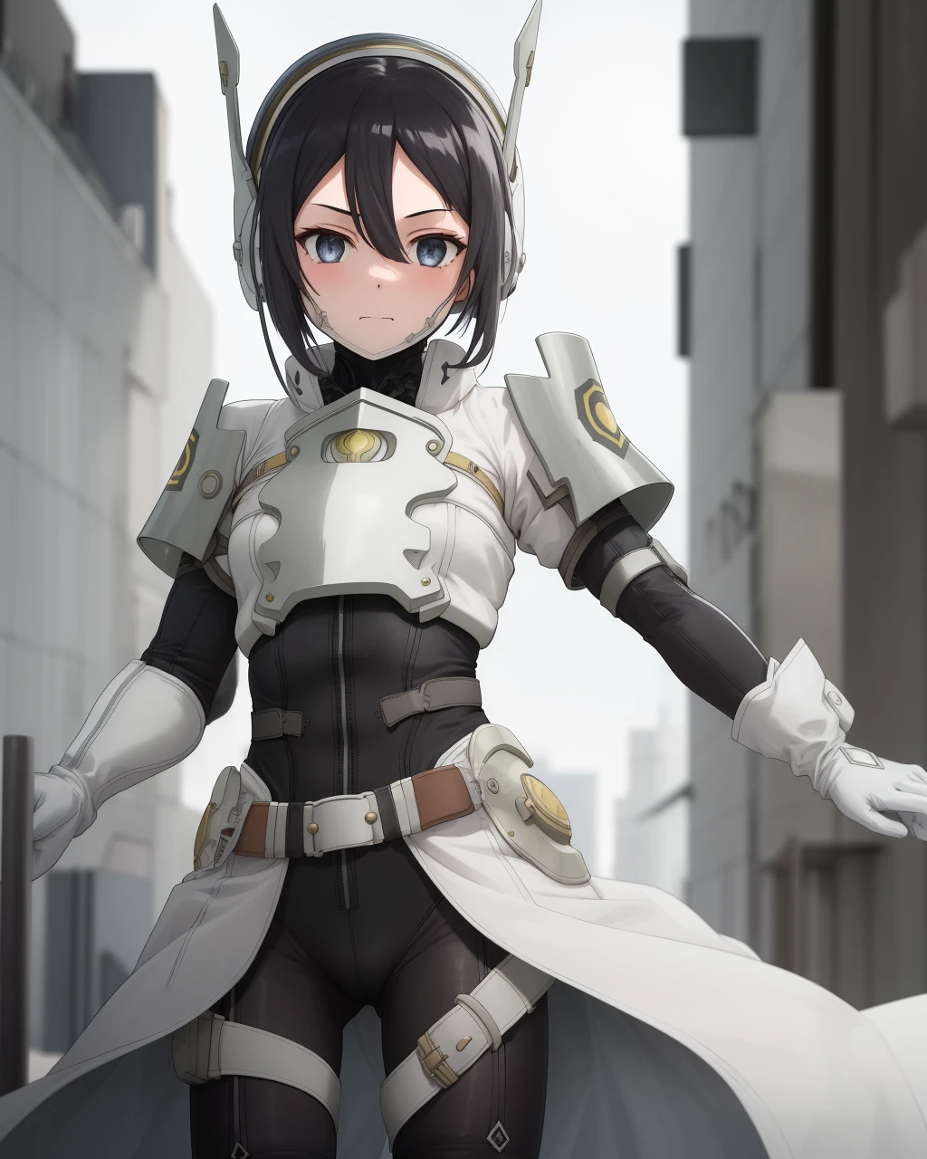 <lora:Kusunoki_Mebuki-10:0.8>,1girl,solo,black hair,short hair, hair between eyes,gloves,belt, armor,bodysuit,headgear,black bodysuit,