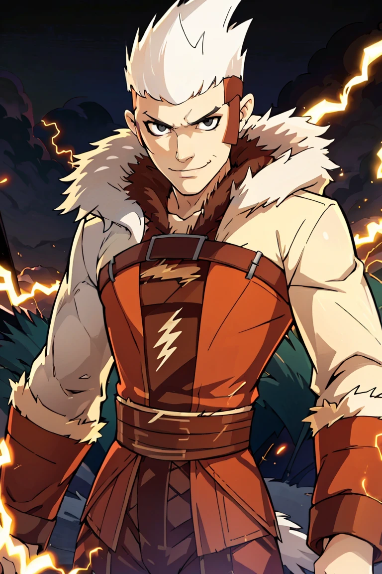 ((masterpiece,best quality)), absurdres, <lora:Lightning:0.8>, Lightning, 1boy, solo, male focus, pale skin, black eyes, spiked hair, white hair, electricity, solo, smiling, looking at viewer, cowboy shot, (fur coat:1.5), cowboy shot,