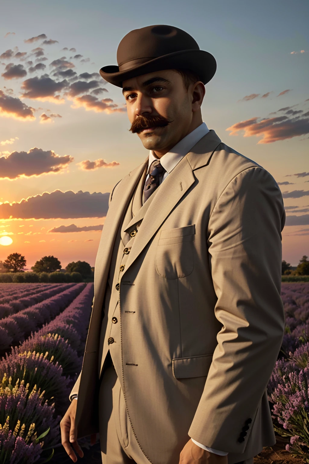 ((ultra detailed, masterpiece, absurdres))
 <lora:DIMHHHolmes:0.9>
DIMHHHolmes, 1boy, brown hair, brown eyes, short hair, mustache, hat, suit, Sunrise over a Lavender Field