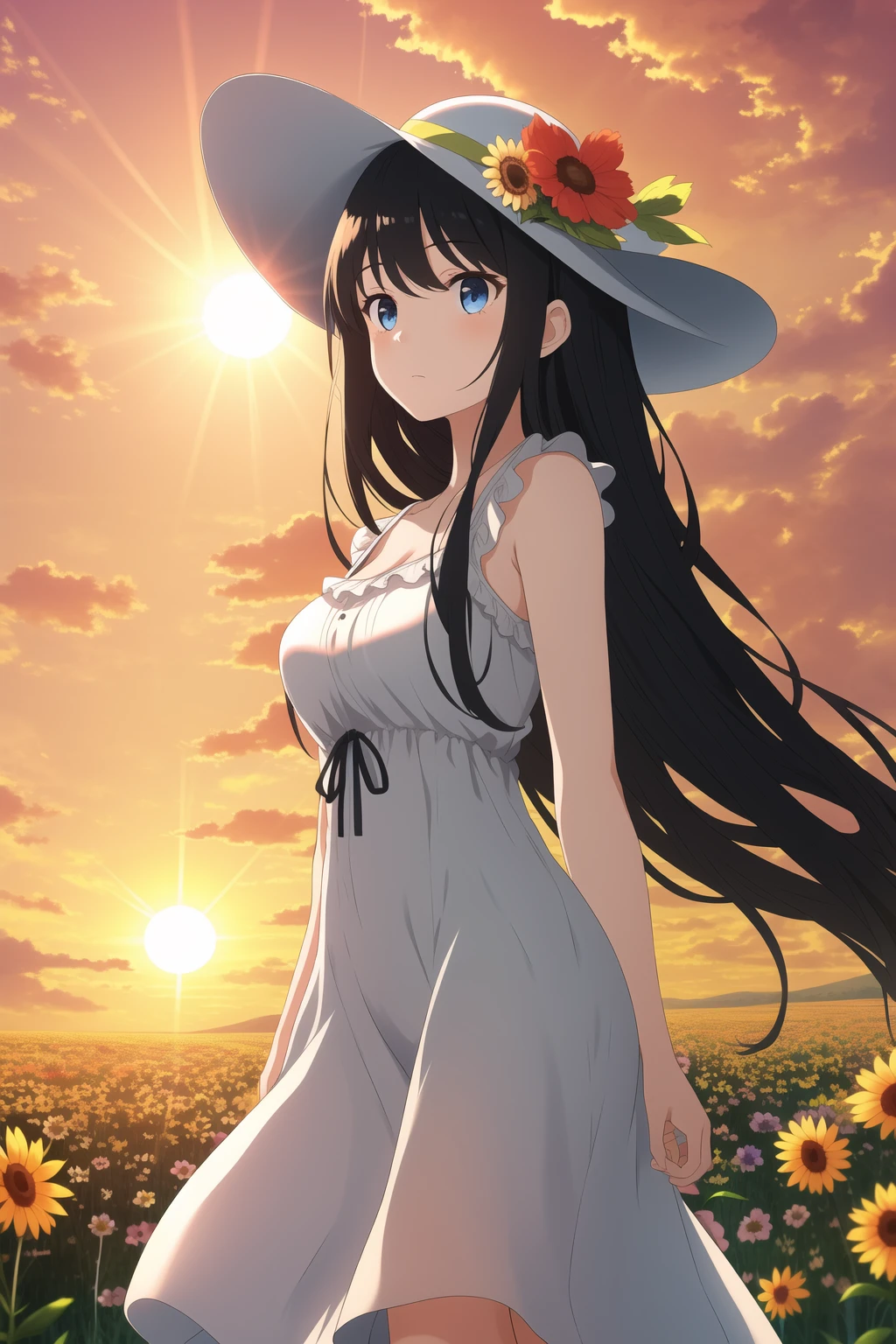 masterpiece, best quality, 1girl, long hair, black hair, very long hair, hime cut, medium breasts, sun hat, sundress, outdoors, flower field, sunrise, standing, expressionless