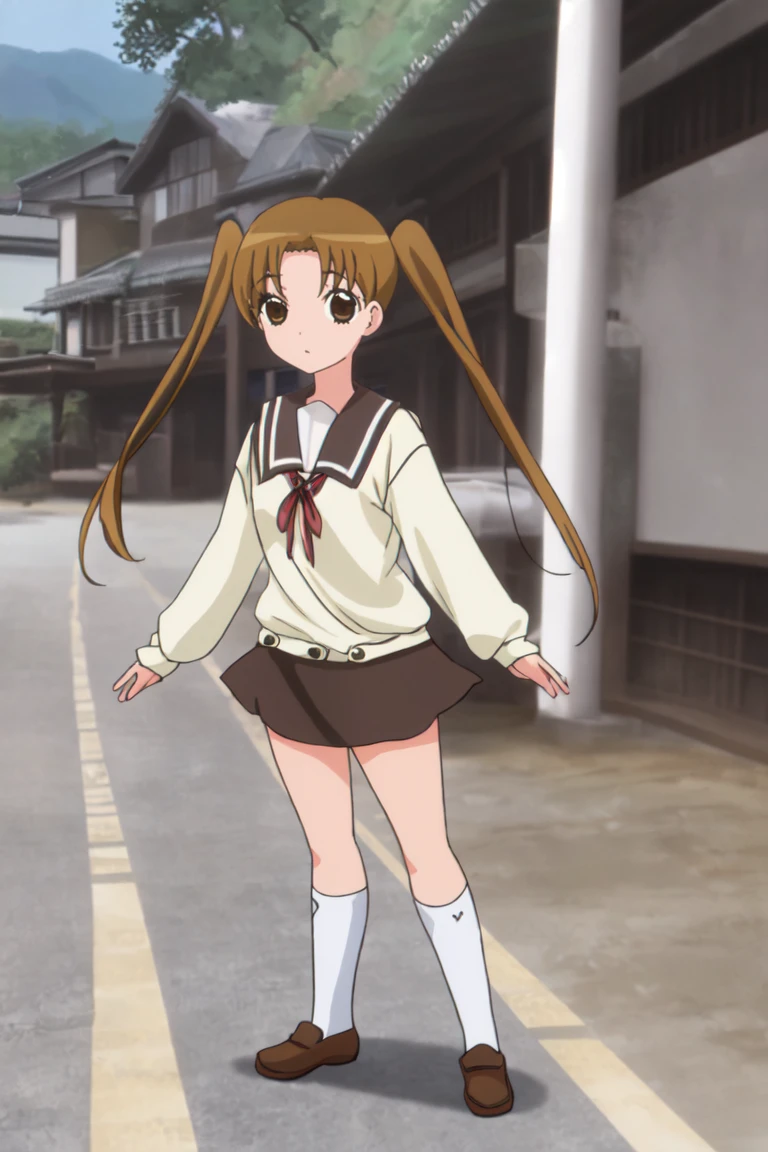 masterpiece,1girl, standing, okazaki_norie, solo, brown skirt, brown, brown hair, white socks, serafuku, twintails, <lora:norie:1>