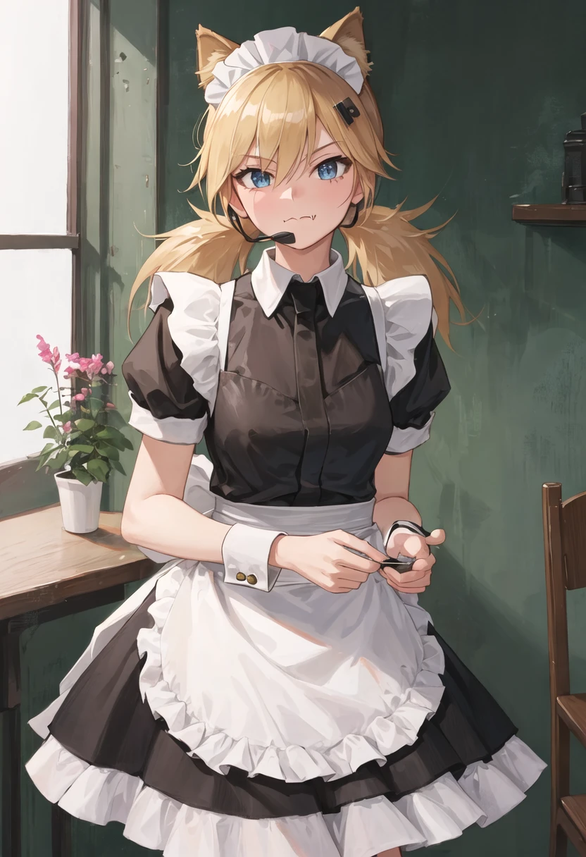 detailed eyes, 1girl, (from above:1.3), from side,outdoor, yellow hair, red eyes, multiple hairpins , hair ornament, (smoking:1.2), maid, long skirt, (alley:1.3), looking at viewer  , squatting , wall <lora:pitch_black_shadow:1.2>