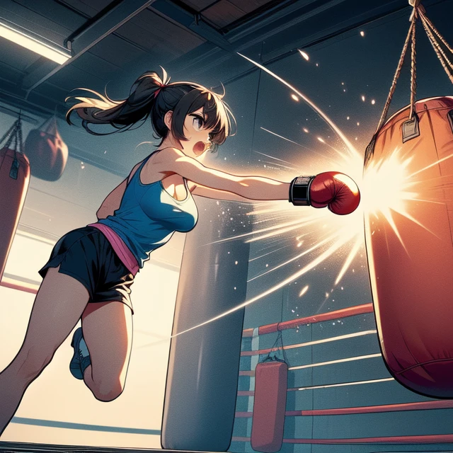 (((masterpiece))), (((best quality))), (((hanging sandbag))), (((outstretched fist))), (((punching))), (((impact))), (((spiral wind on fist))), (((boxer helmet))), ((boxing gloves)), (((knee attack))), (((fly kick))), red tank top, training gym, wind, glowing, speed lines, solo, 1girl, collarbone, ((cleavage)), (((big tits))), brown ponytail, ribbon, sweat, open mouth, shy, blush, slim figure, wet body, boots,<lora:girllikehangingsandbag:1>