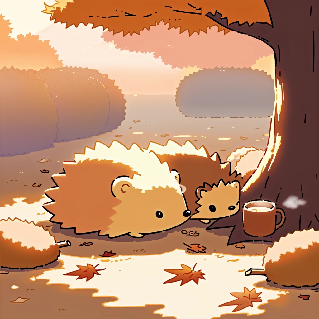 Visualize a gentle pastel scene where a small cartoon-style hedgehog is nestled comfortably within a bed of autumn leaves at the base of a tree. The hedgehog's spines are soft, subtly blending with the warm colors of the fallen leaves. Above, the tree's branches are sparse, allowing the soft light of the afternoon sun to filter through, casting a golden hue over the serene setting. The hedgehog holds a tiny, steaming mug, the steam whimsically forming shapes of acorns and mushrooms. The simplicity of the scene, with its limited elements, evokes a feeling of quiet joy and the comforting embrace of nature, <lora:sanrio:0.8>