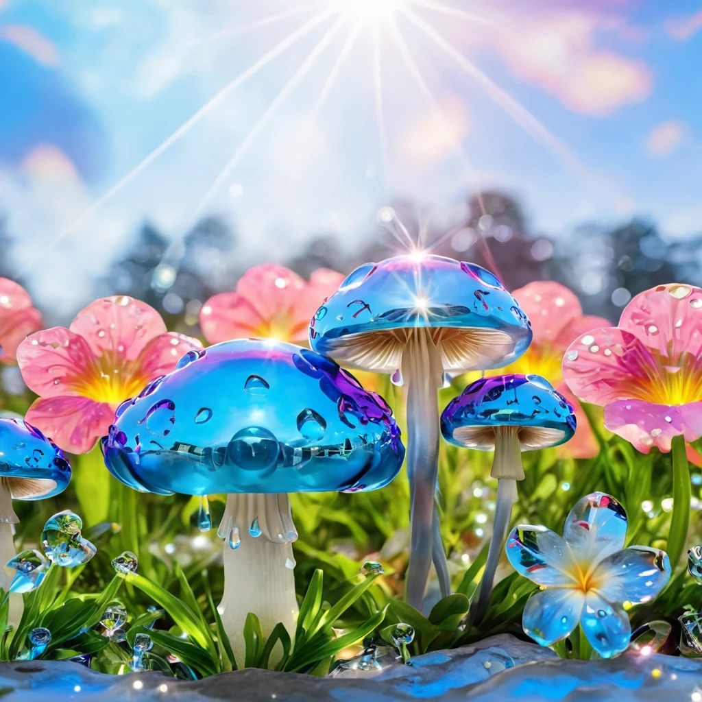 FA style, water droplet translucent plastic mushroom iridescent liquid metal surface, lush flower garden, cloudy blue sky, lens flare, magical dreamy ambience, uhd 8k wallpaper