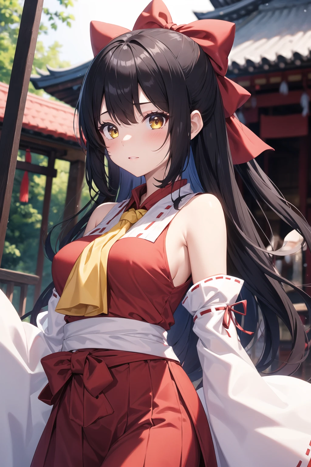 1girl, upper body,medium breasts,depth of field,shrine,black hair,hair bow,hair tubes,yellow ascot,miko,detached sleeves,bare shoulders,red shirt,red skirt,