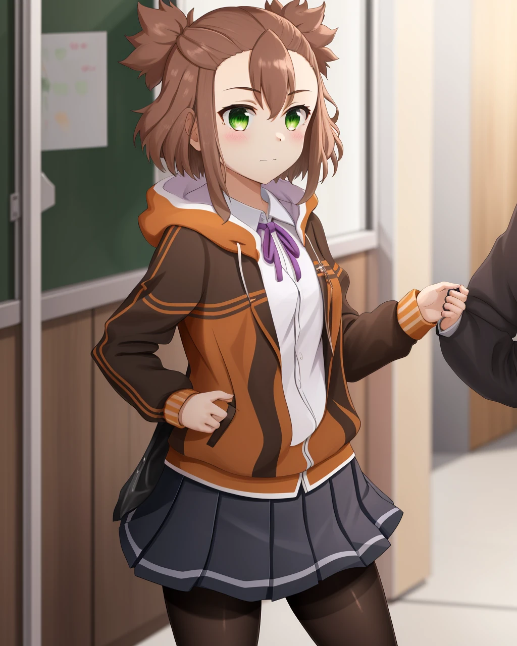 <lora:Doi_Tamako-10:0.8>,1girl, solo,short hair, skirt,brown hair, shirt,ribbon, school uniform,green eyes, jacket, pantyhose, pleated skirt, black pantyhose, purple ribbon,