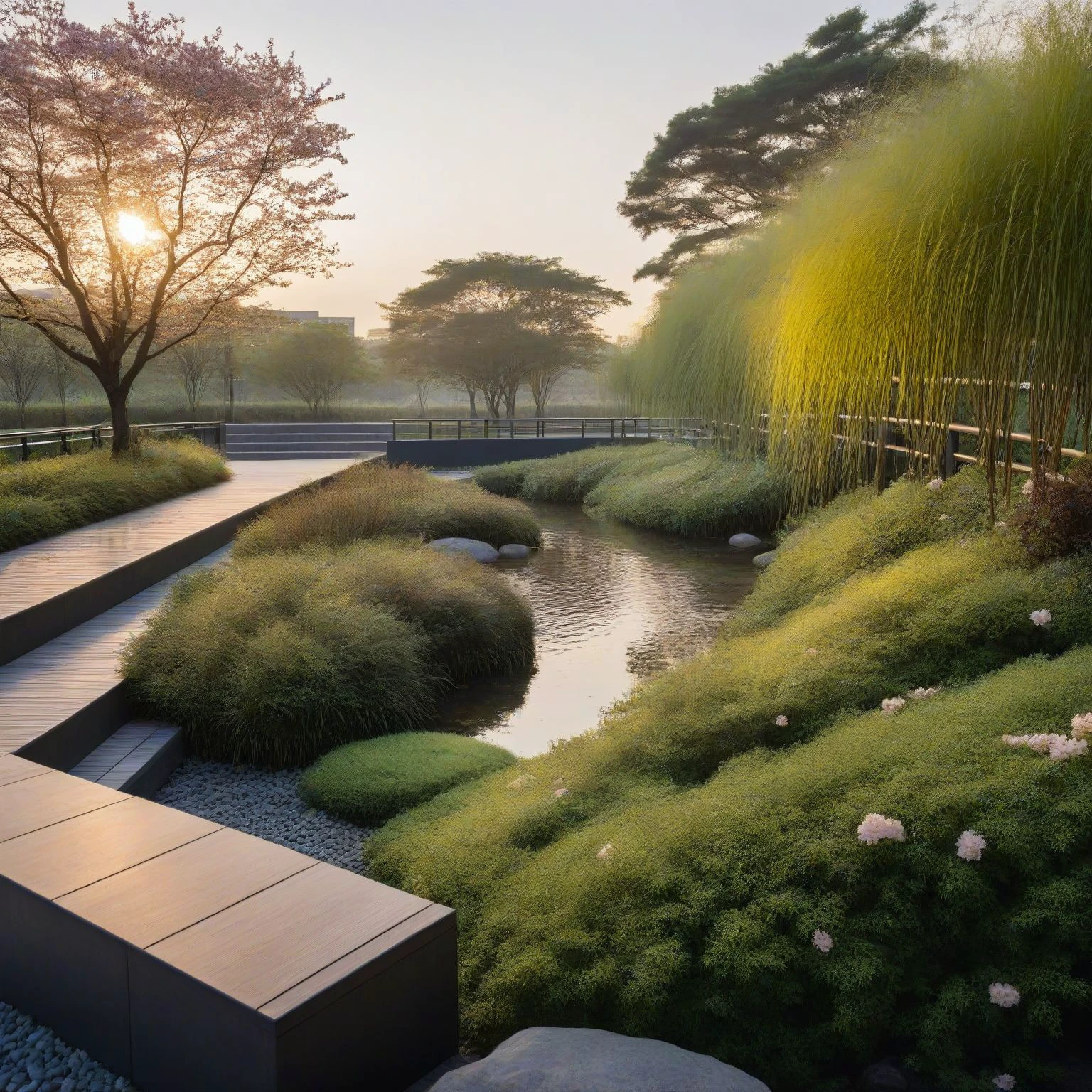 <lora:JJsEcology_Park_XL:1> , ((Ecology Park)),masterpiece , best quality, Landscape, scenery, outdoors, building, tree, sky, real world location, grass, bush, flower, city, water, lawn, sidewalk, ivy, bench,sakura, dawn, rain,pond,day, column, beam, RAW photo, subject, 8k uhd, dslr, soft lighting, high quality, film grain, Fujifilm XT3, aquatic plants, wood hand rail, soil, wild grass, river, rock,pebble, dramatic lighting,