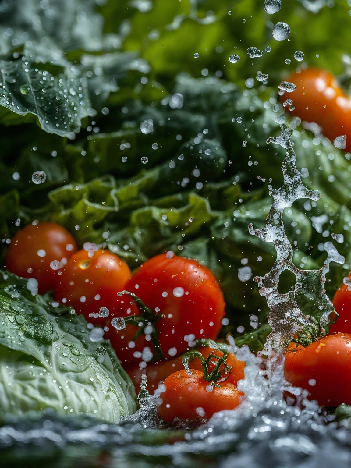 no humans,food,water drop,tomato,blurry,water,fruit,vegetable,still life,food focus,depth of field,bubble,leaf,signature,scenery,